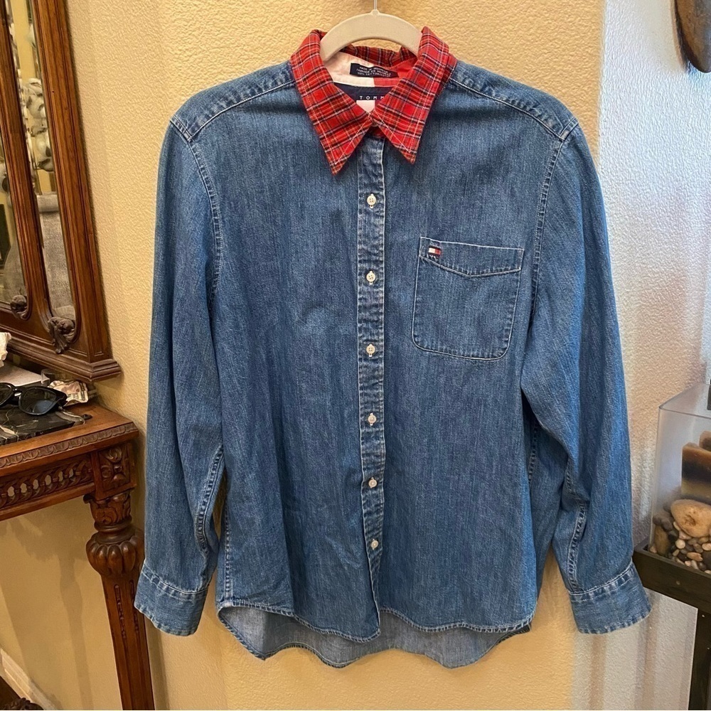 Vintage TOMMY HILFIGER Red Plaid Collar Blue Jean Shirt Size 14-Fit like Medium